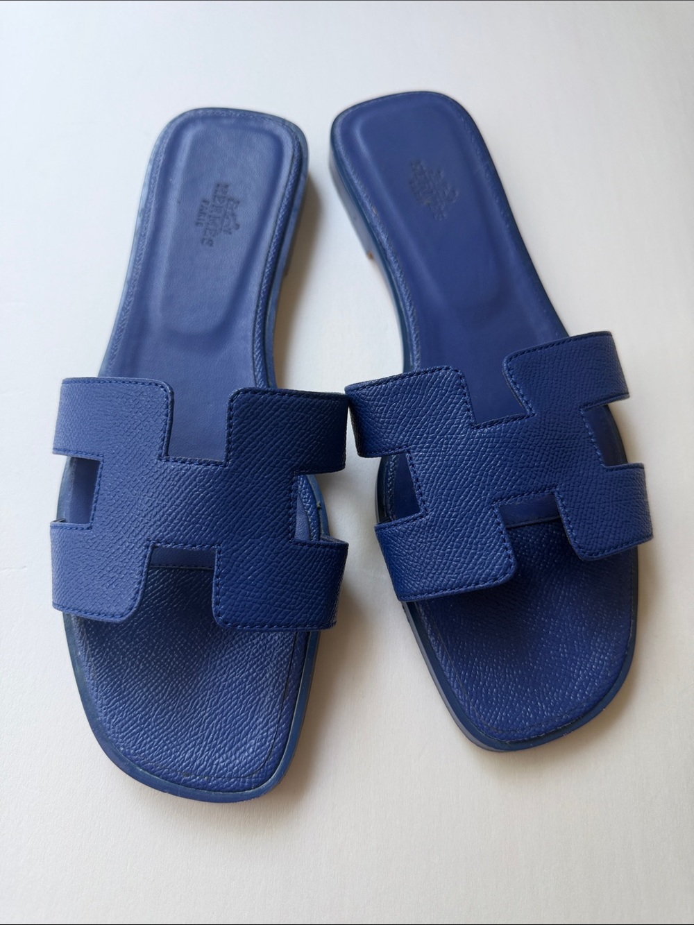 Hermes Blue Oran Leather Slide Sandals